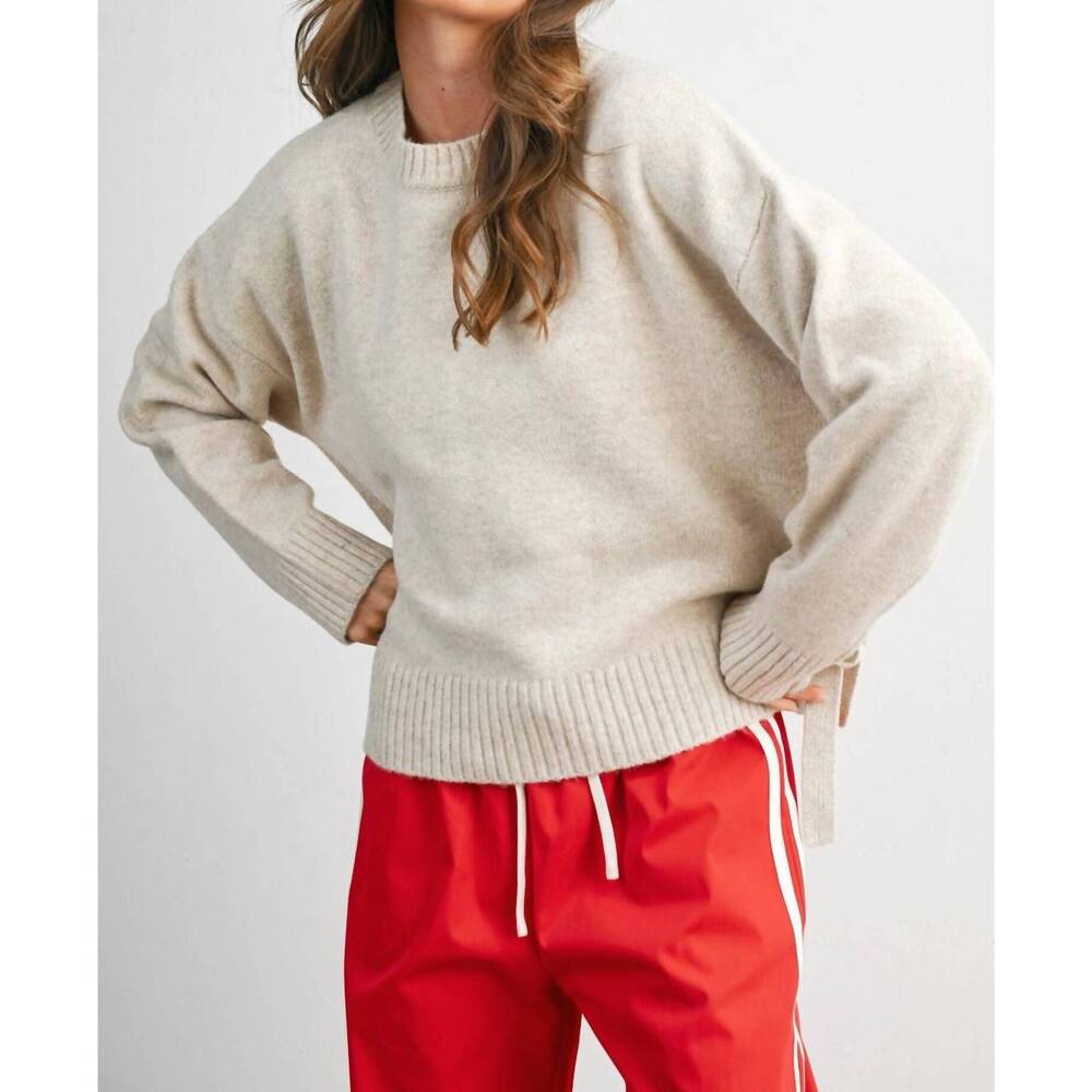 NEW BUTTERMELON kennedy tie split-hem sweater in taupe